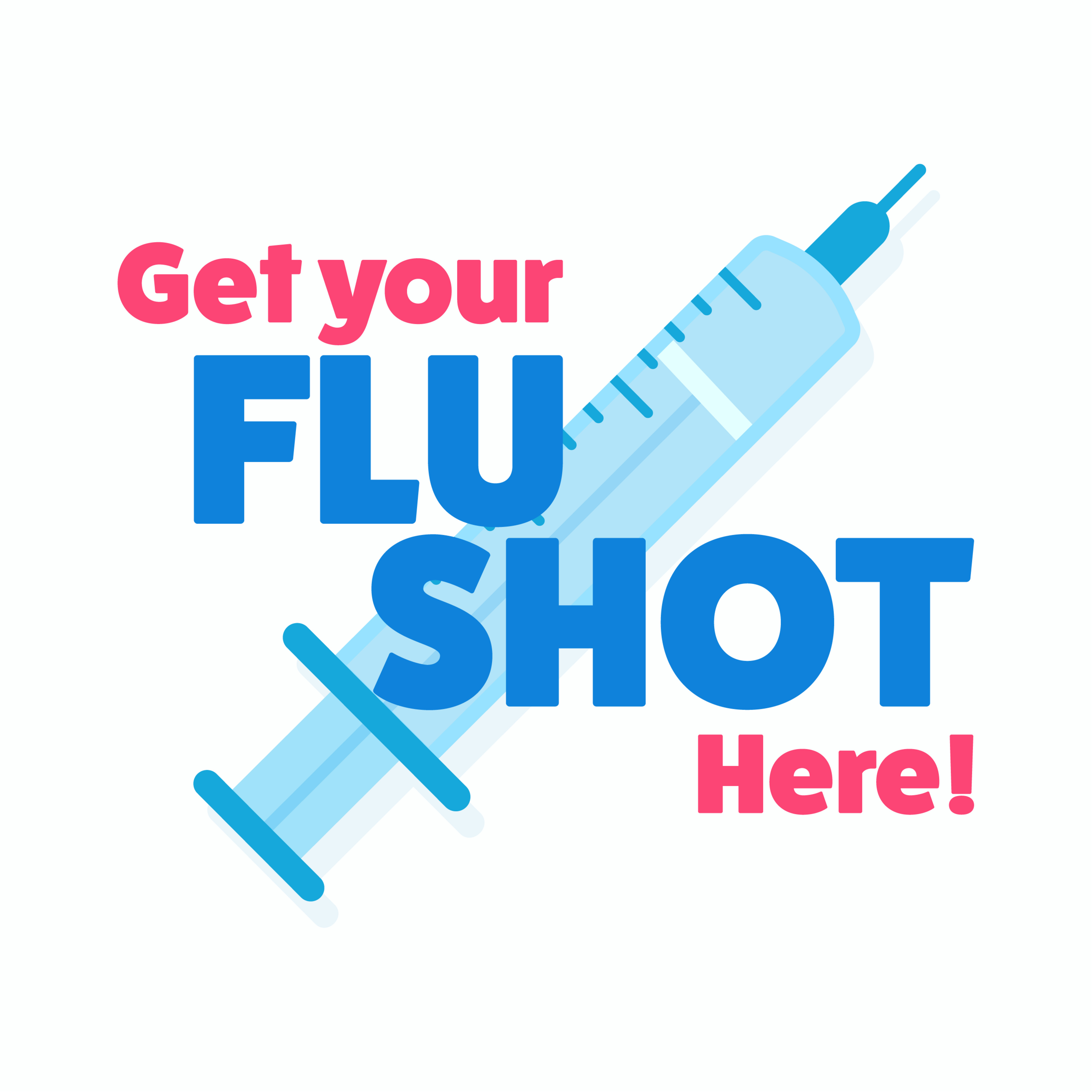 Flu shot promotion that says "Get your flu shot here!" with an illustrated example, representing getting your flu shot at Mosaic Care Center in Fredericksburg, VA.