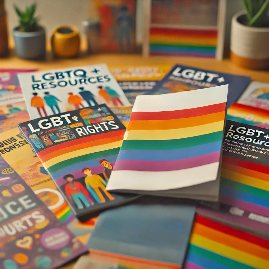 A close up of a community resource table with various LGBT resource pamphlets representing the on-site resource table and drop-in space provided by Pride Center FXBG.