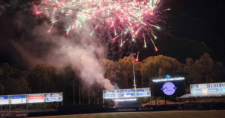 A fireworks show over the Fred Nats ballpark sponsored by FAHASS and Pride Center FXBG in Fredericksburg, VA