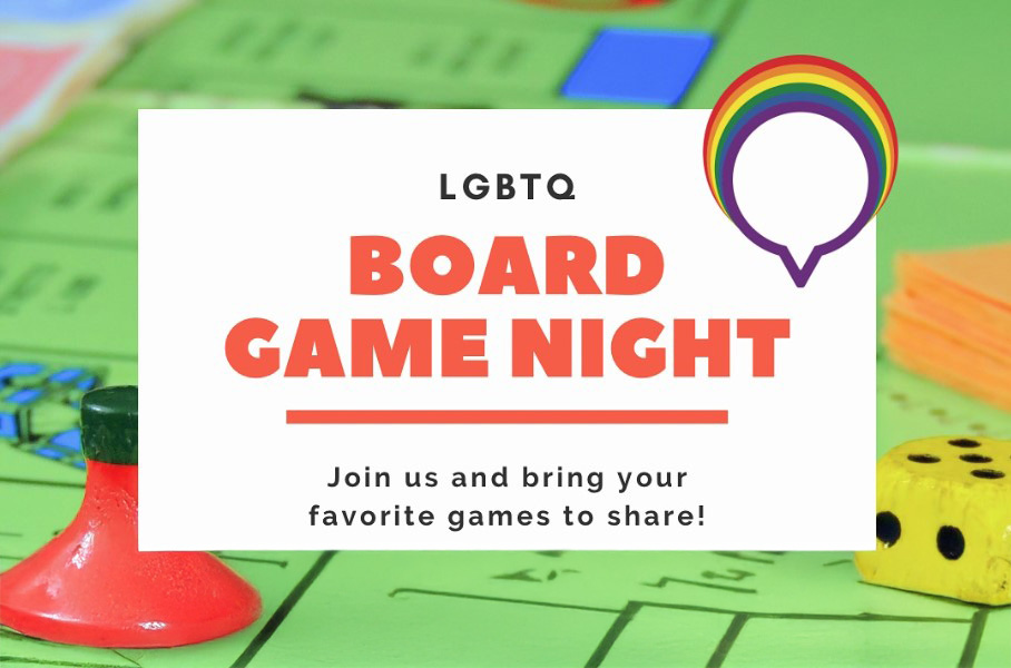 A marketing image for LGBTQ Board Game Night hosted by Pride Center FXBG and FAHASS in Fredericksburg, VA