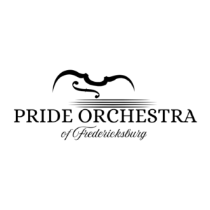 A logo featuring the side of a violin for Pride Orchestra of Fredericksburg, a partner of Pride Center FXBG.