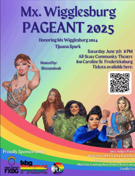 Flyer for the 2nd annual Mx Wigglesburg pageant, an event hosted by Fredericksburg Theatre Ensemble for Pride month in Fredericksburg, VA.