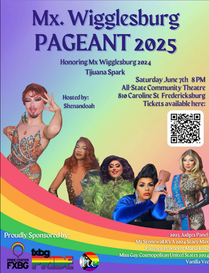 Flyer for the 2nd annual Mx Wigglesburg pageant, an event hosted by Fredericksburg Theatre Ensemble for Pride month in Fredericksburg, VA.